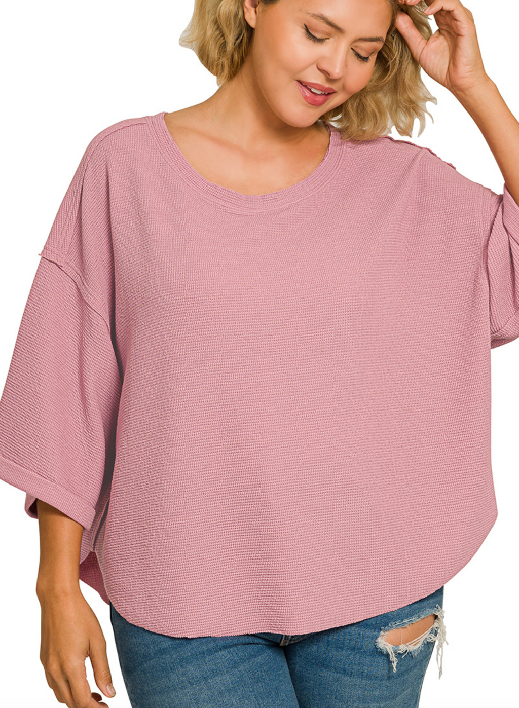 Plus double knit exposed seam curved hem short sleeve top