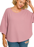 Plus double knit exposed seam curved hem short sleeve top