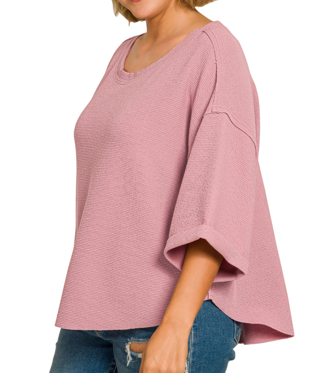 Plus double knit exposed seam curved hem short sleeve top