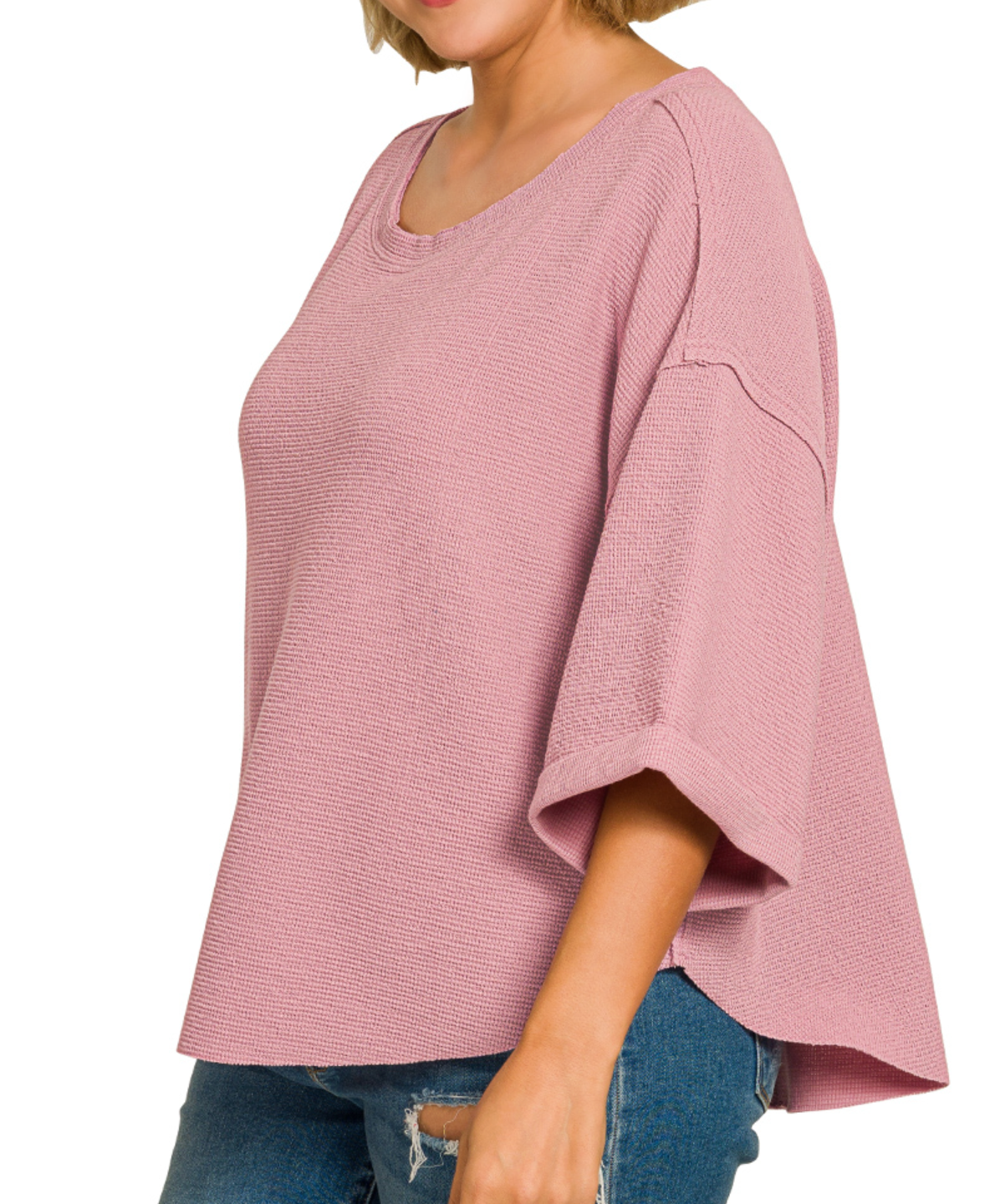 Plus double knit exposed seam curved hem short sleeve top