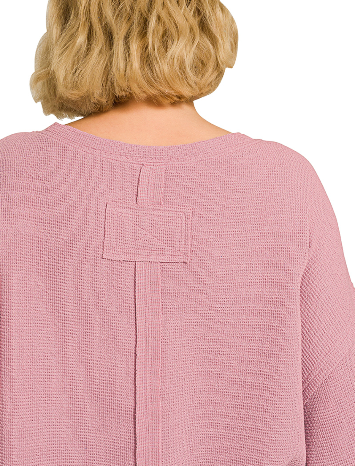 Plus double knit exposed seam curved hem short sleeve top