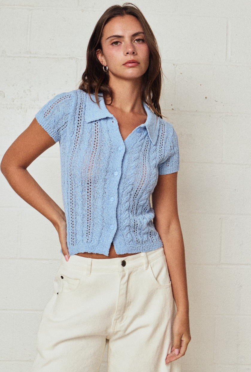 Open Knit Collar Button Top Relaxed Fit
