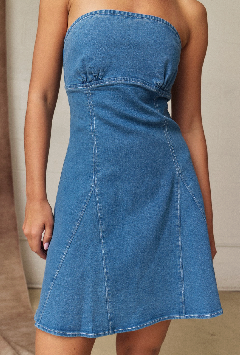 Strapless Denim Tie Back Mini Dress