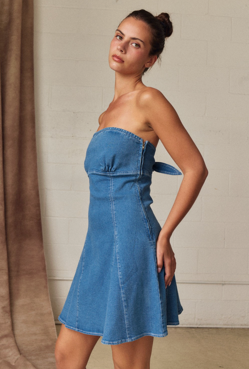 Strapless Denim Tie Back Mini Dress