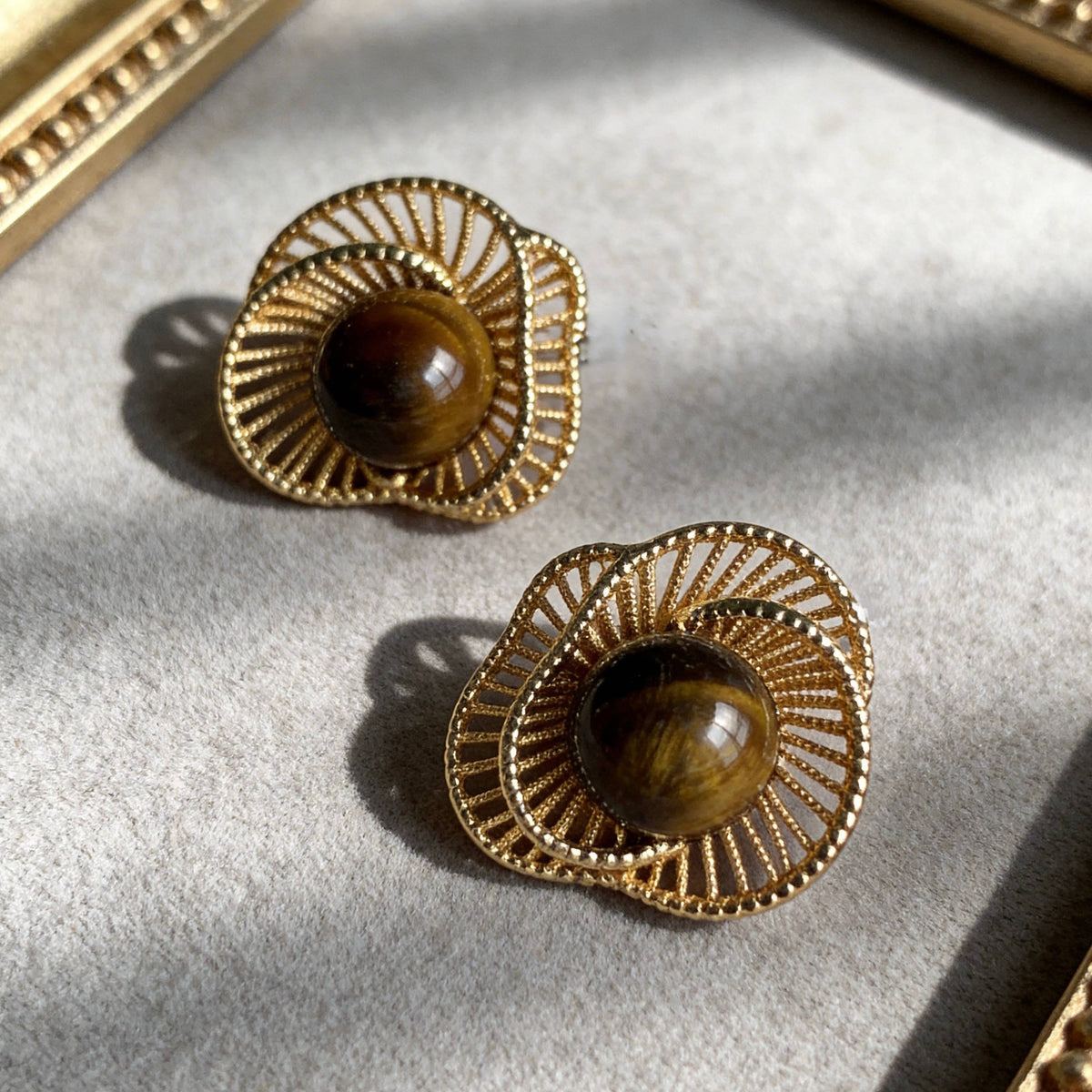Gold Tiger Eye Stud Earrings