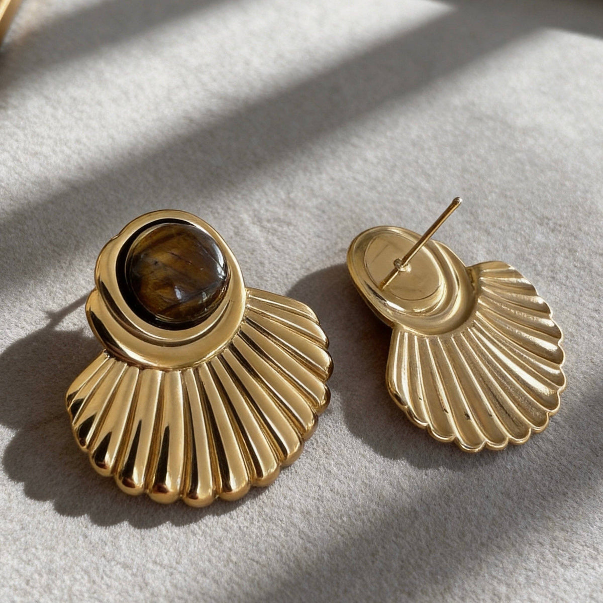 Stainless Steel Tiger Eye Fan Earrings