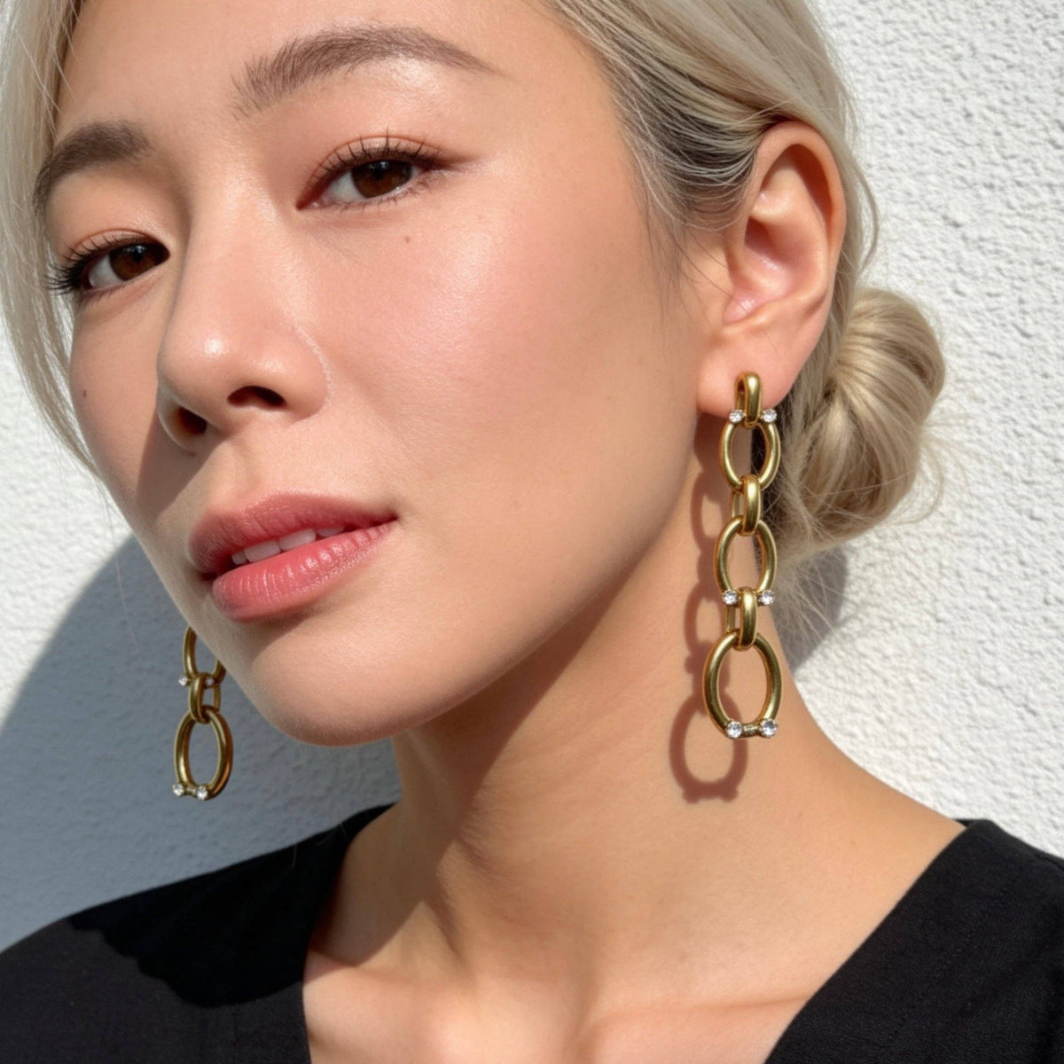 Stainless Steel Gold Chain Drop Rhinestone Earrings