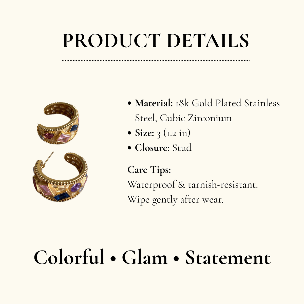 Stainless Steel Color Gem Hoop Earrings
