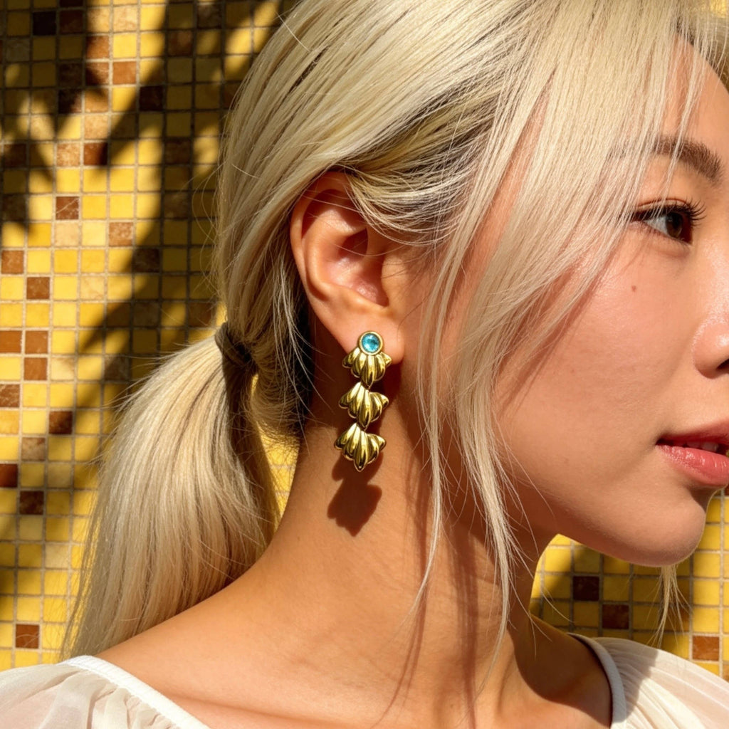 Gold Ocean Leaf Earrings with Blue Crystal