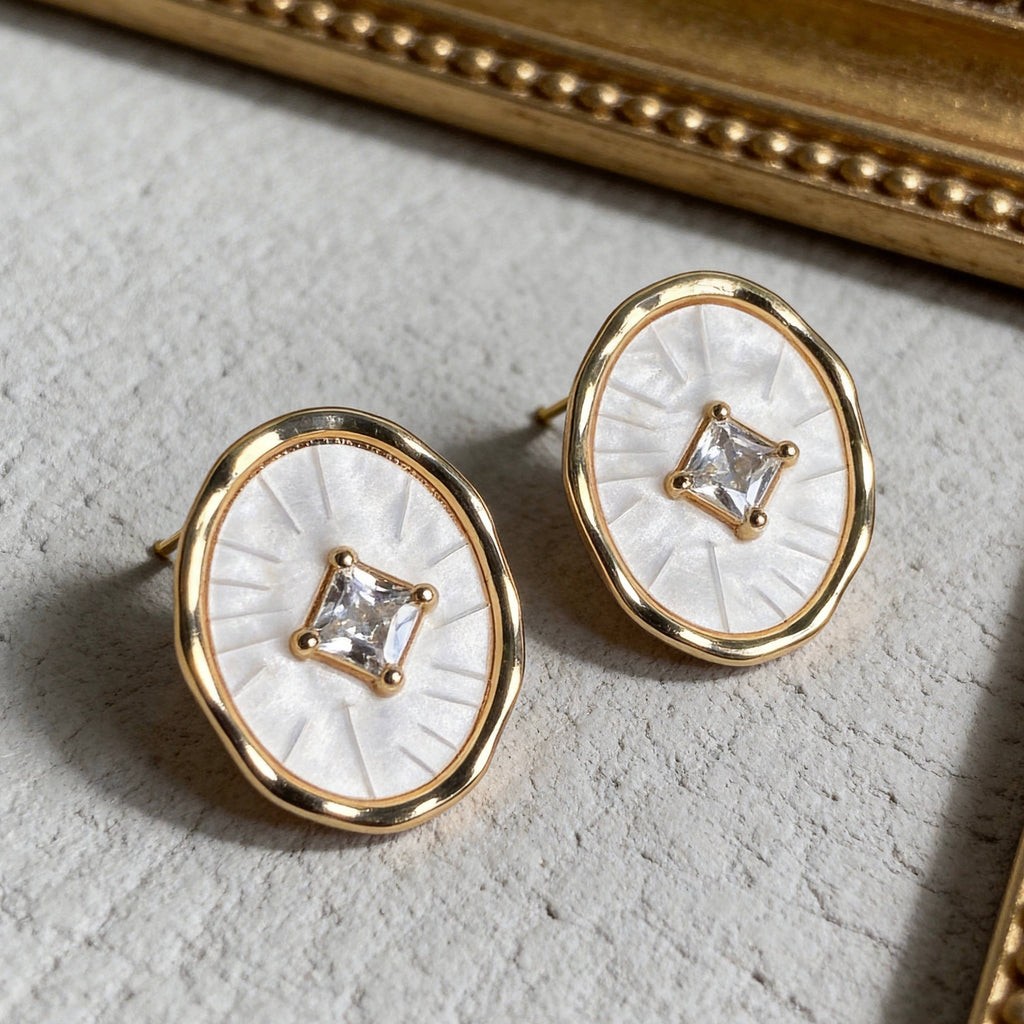 Gold Crystal Oval Mother of Pearl Earrings