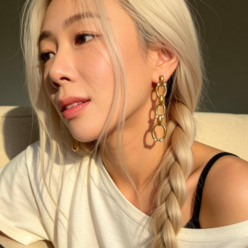 Stainless Steel Gold Chain Drop Rhinestone Earrings