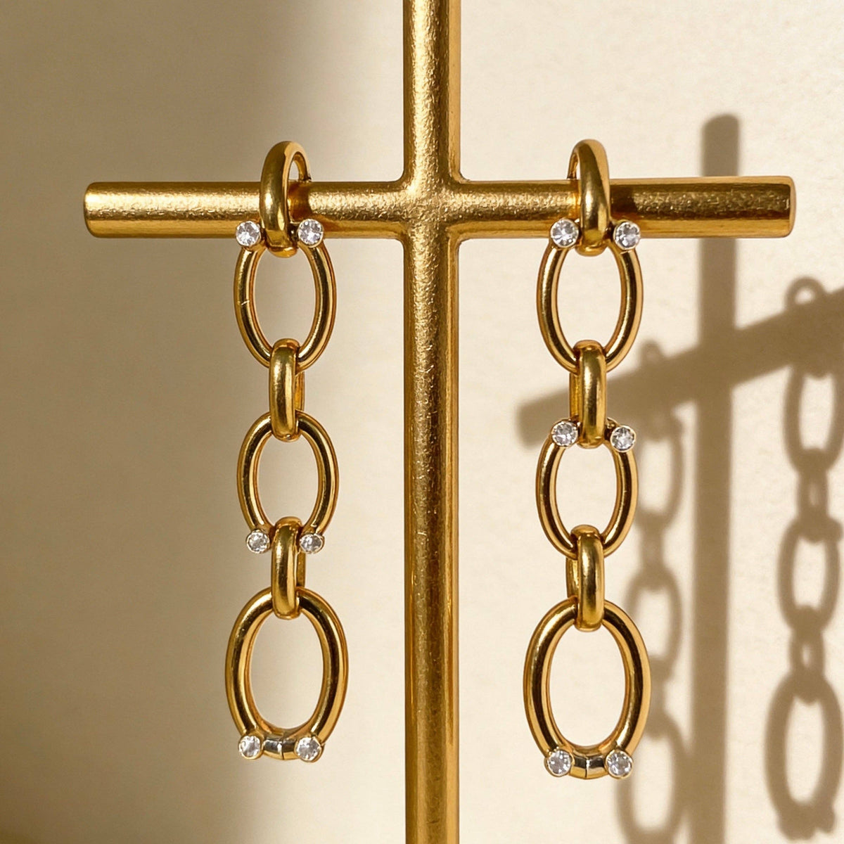 Stainless Steel Gold Chain Drop Rhinestone Earrings
