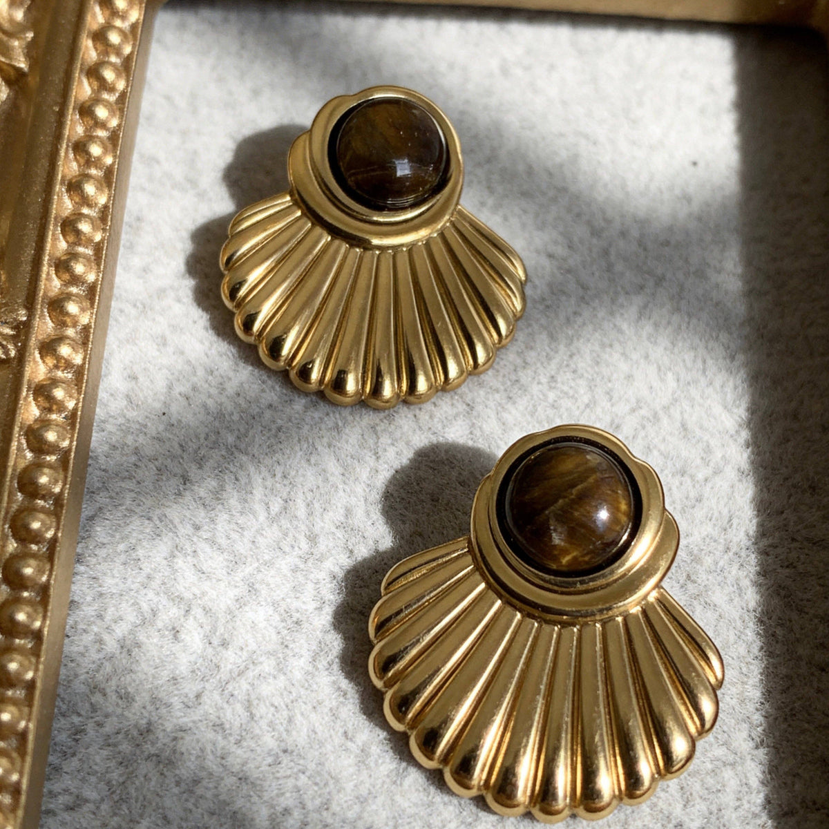 Stainless Steel Tiger Eye Fan Earrings