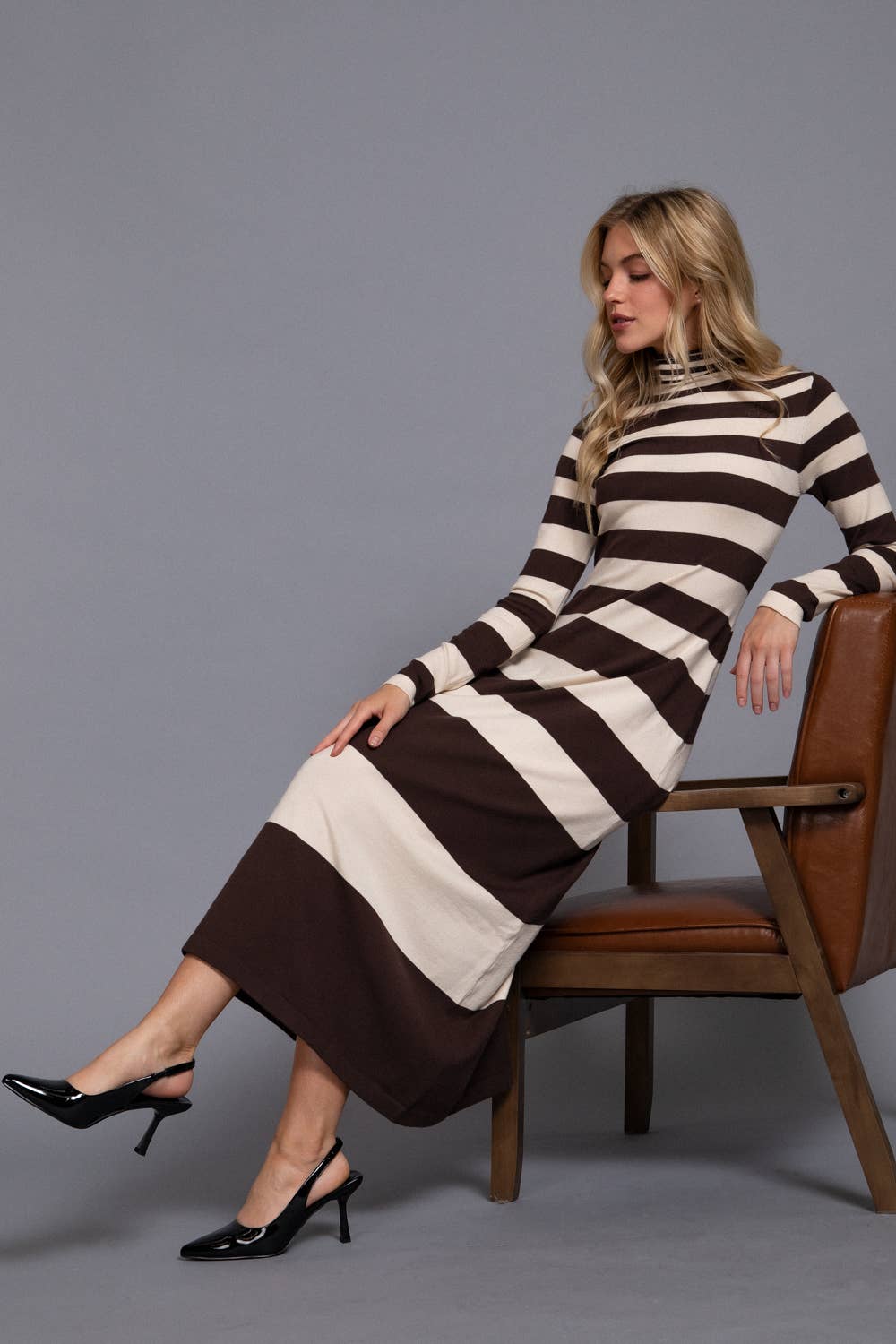 Long Sleeve Turtle Neck Rugby Stripe Maxi Dress