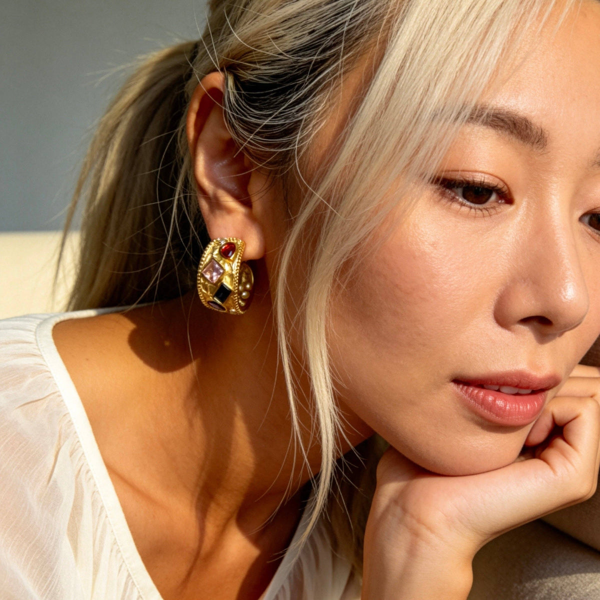 Stainless Steel Color Gem Hoop Earrings