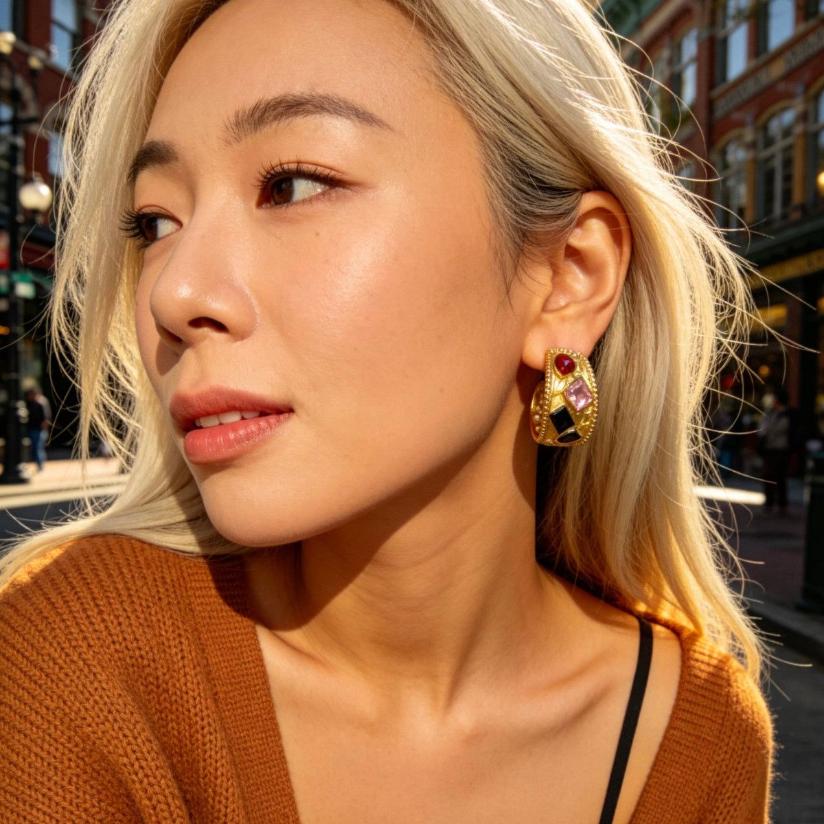 Stainless Steel Color Gem Hoop Earrings