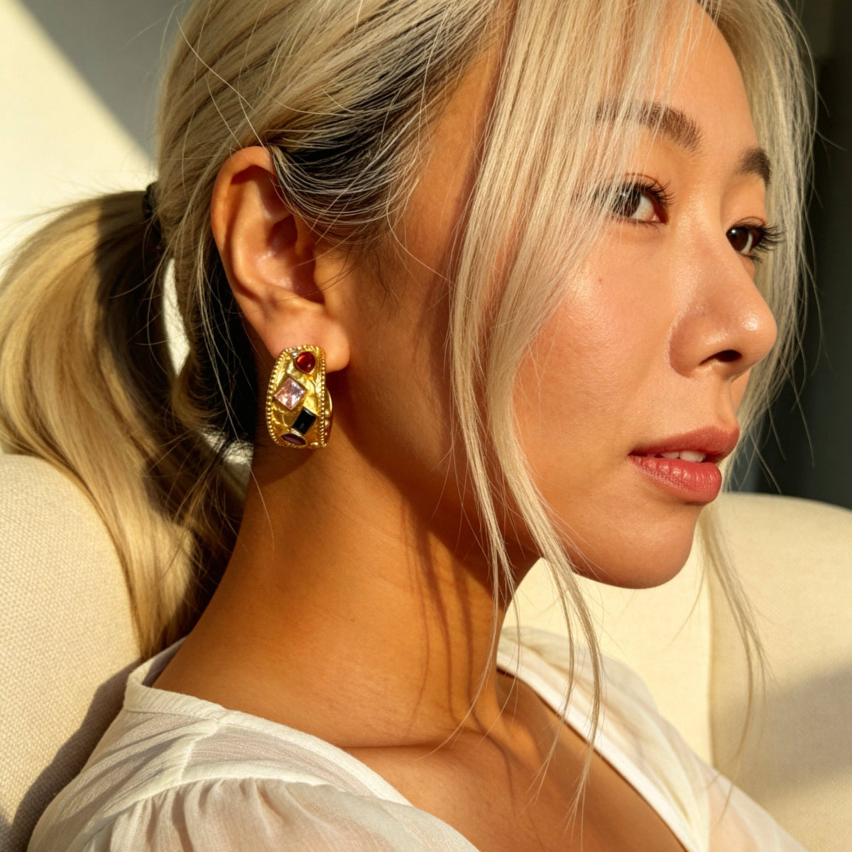 Stainless Steel Color Gem Hoop Earrings