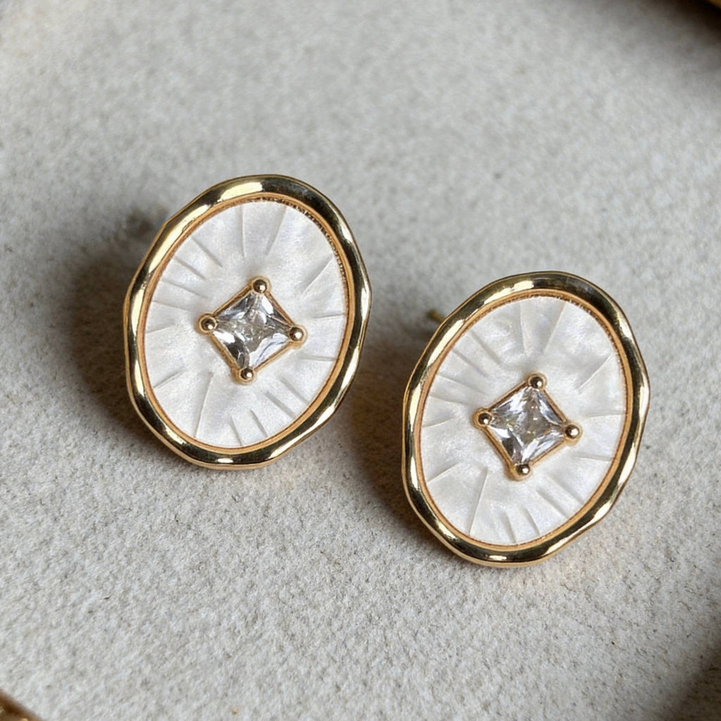 Gold Crystal Oval Mother of Pearl Earrings
