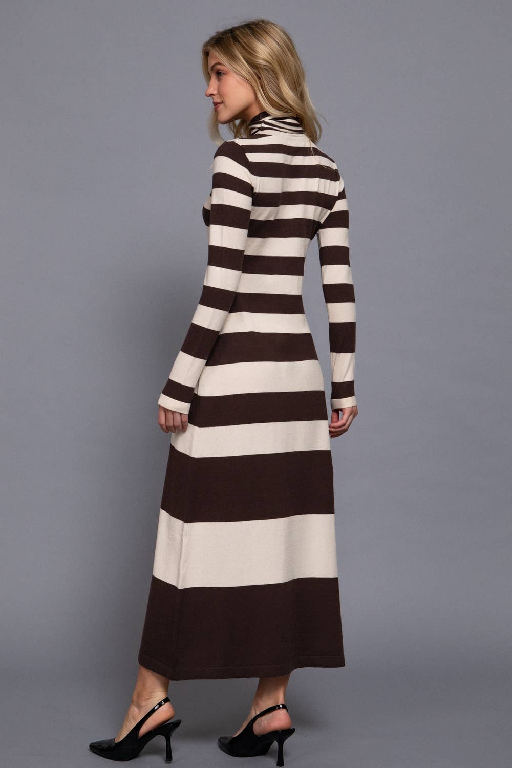 Long Sleeve Turtle Neck Rugby Stripe Maxi Dress