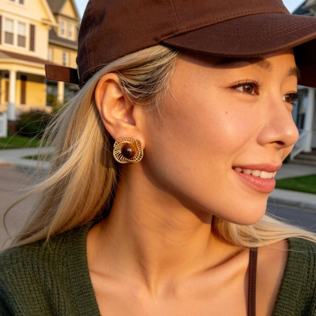 Gold Tiger Eye Stud Earrings