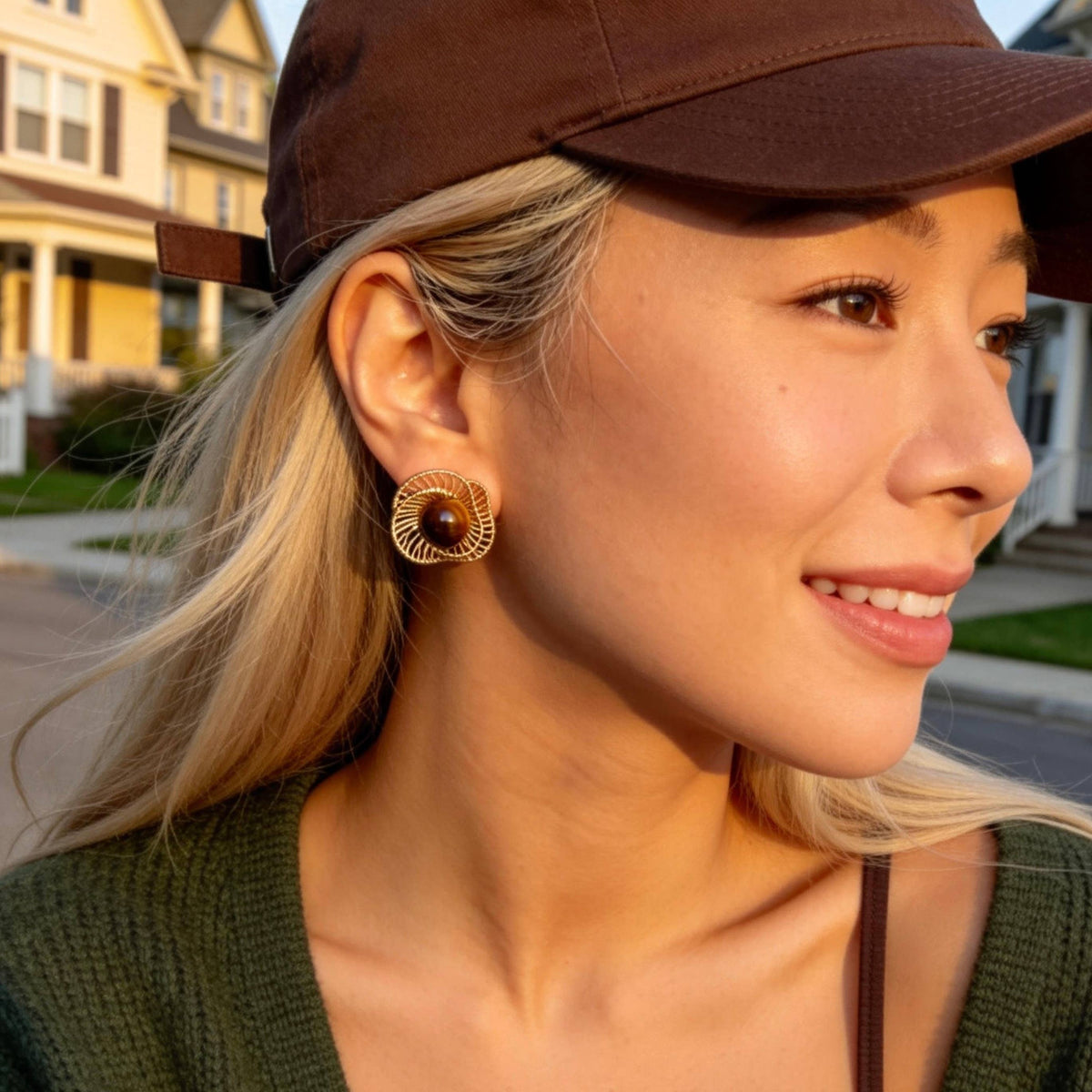 Gold Tiger Eye Stud Earrings